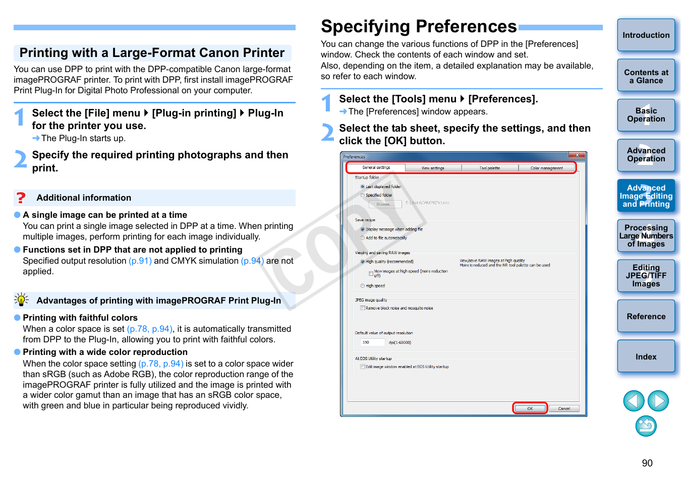 Specifying preferences, P.90, Printing with a large-format canon printer | Cop y | Canon EOS Rebel SL1 18-55mm IS STM Lens Kit User Manual | Page 91 / 152