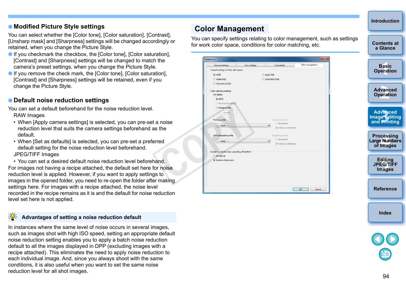 P.94, P.94), Color management | Or work color, Tion, Is no, Cop y | Canon EOS Rebel SL1 18-55mm IS STM Lens Kit User Manual | Page 95 / 152