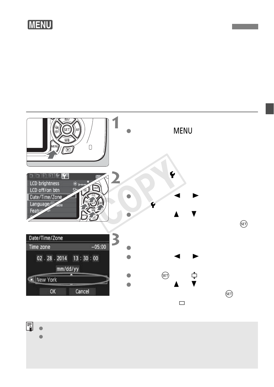 Setting the date, time, and zone, Cop y | Canon EOS Rebel T5 18-55 IS II Kit User Manual | Page 29 / 116