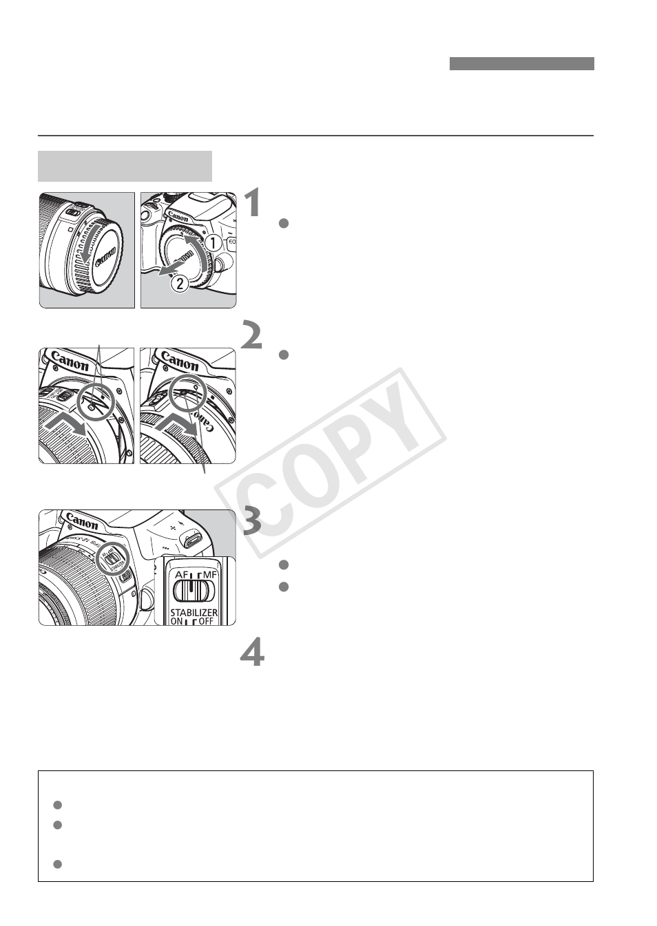 Attaching and detaching a lens, Cop y | Canon EOS Rebel T5 18-55 IS II Kit User Manual | Page 32 / 116