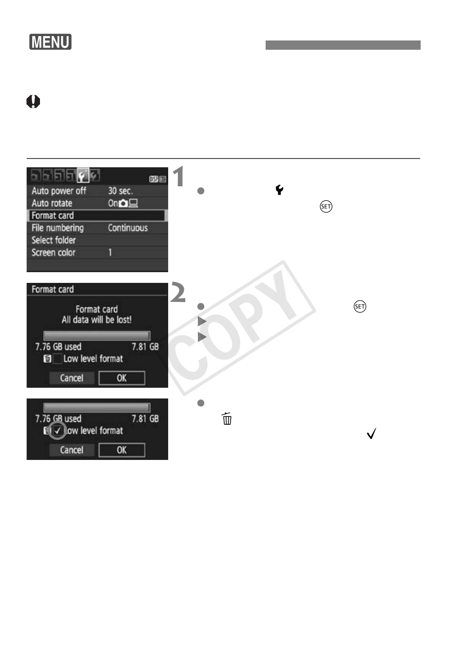 Formatting the card, Cop y | Canon EOS Rebel T5 18-55 IS II Kit User Manual | Page 42 / 116