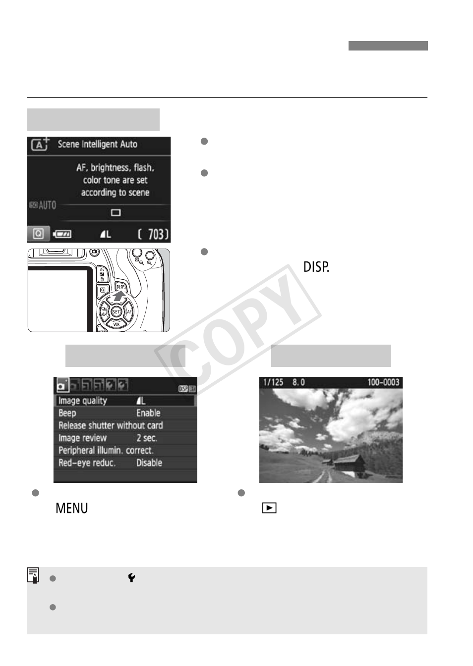 Switching the lcd monitor display, Cop y | Canon EOS Rebel T5 18-55 IS II Kit User Manual | Page 44 / 116