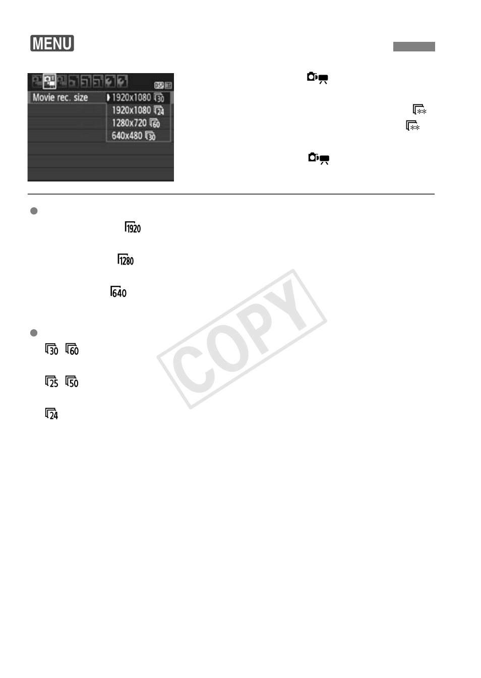 Setting the movie recording size, Cop y, 3setting the movie recording size | Canon EOS Rebel T5 18-55 IS II Kit User Manual | Page 80 / 116