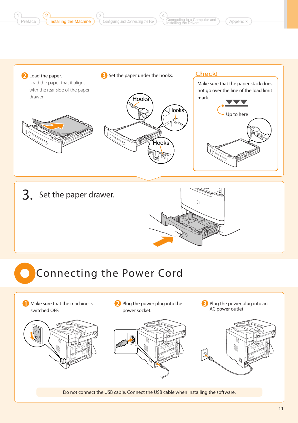 Connecting the power cord, Set the paper drawer | Canon imageCLASS MF5960dn User Manual | Page 11 / 36