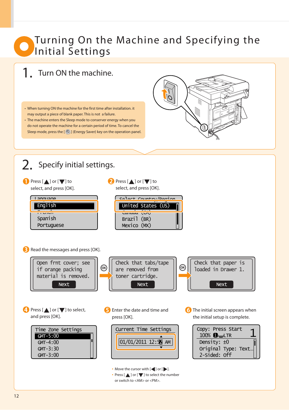 Turn on the machine, Specify initial settings | Canon imageCLASS MF5960dn User Manual | Page 12 / 36