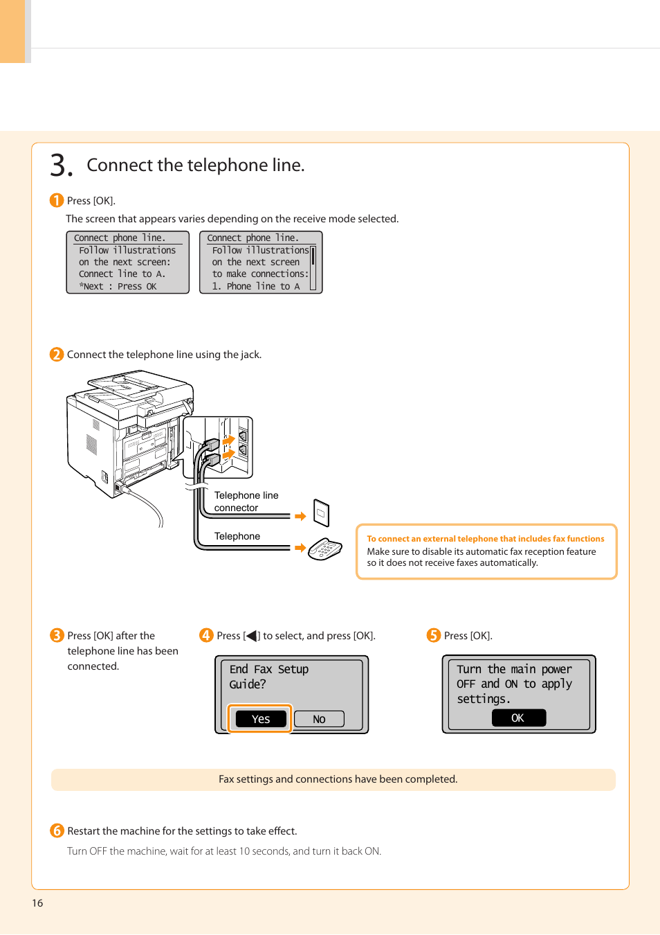 Connect the telephone line | Canon imageCLASS MF5960dn User Manual | Page 16 / 36