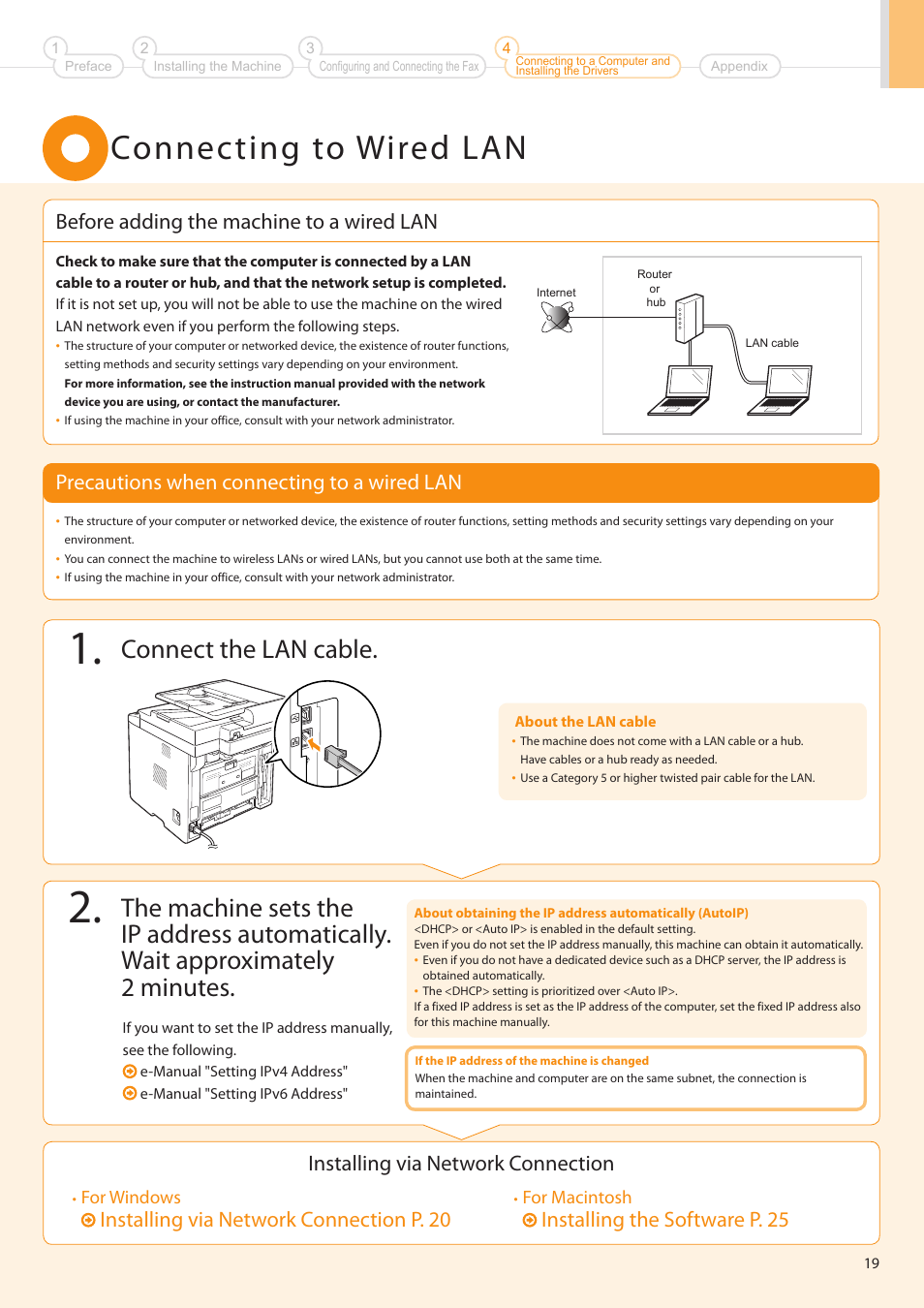 Connecting to wired lan, Connect the lan cable, Precautions when connecting to a wired lan | Installing via network connection, Installing via network connection p . 20, Installing the software p . 25 | Canon imageCLASS MF5960dn User Manual | Page 19 / 36