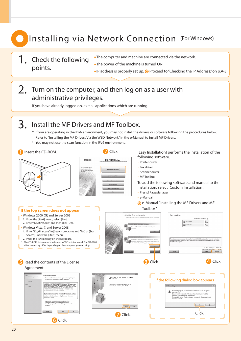 Installing via network connection, Install the mf drivers and mf toolbox, Check the following points | For windows) | Canon imageCLASS MF5960dn User Manual | Page 20 / 36