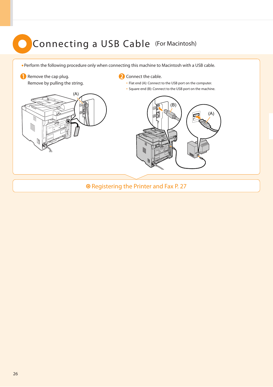 Connecting a usb cable, Registering the printer and fax p . 27, For macintosh) | Canon imageCLASS MF5960dn User Manual | Page 26 / 36