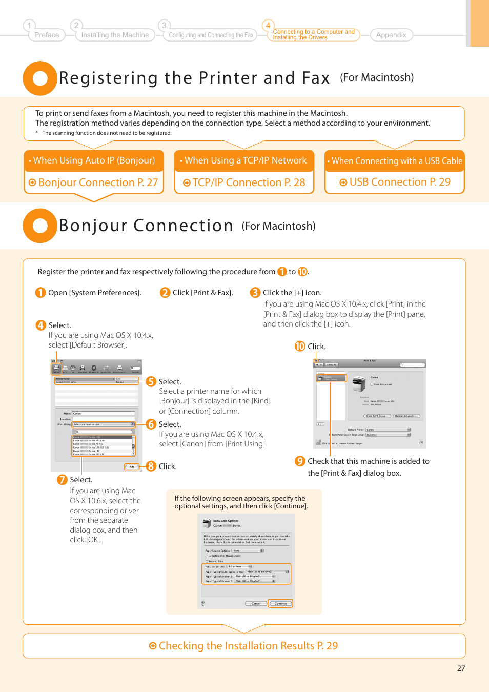 Registering the printer and fax, Bonjour connection, Tcp/ip connection p . 28 | Usb connection p . 29 bonjour connection p . 27, Checking the installation results p . 29, For macintosh) | Canon imageCLASS MF5960dn User Manual | Page 27 / 36