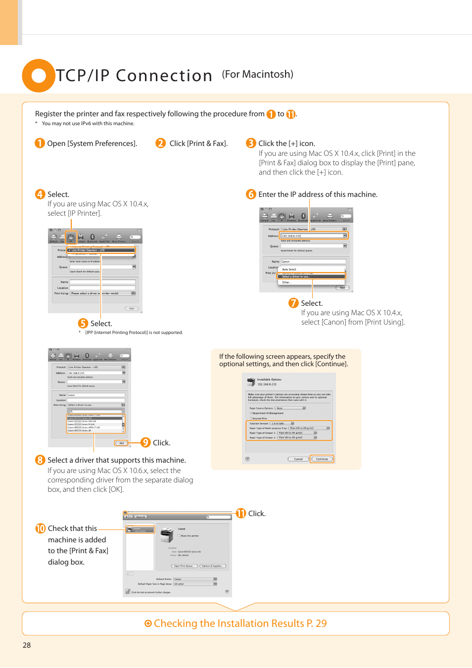 Tcp/ip connection, Checking the installation results p . 29, For macintosh) | Canon imageCLASS MF5960dn User Manual | Page 28 / 36