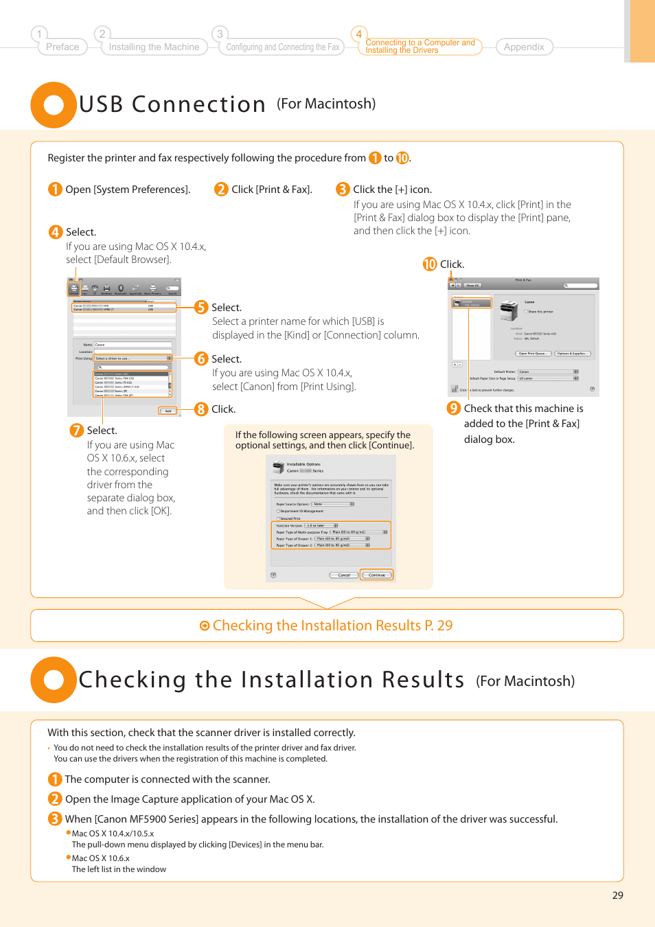 Usb connection, Checking the installation results, Checking the installation results p . 29 | For macintosh) | Canon imageCLASS MF5960dn User Manual | Page 29 / 36