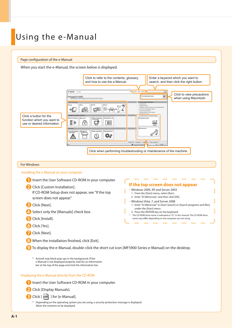 Using the e-manual, If the top screen does not appear | Canon imageCLASS MF5960dn User Manual | Page 30 / 36