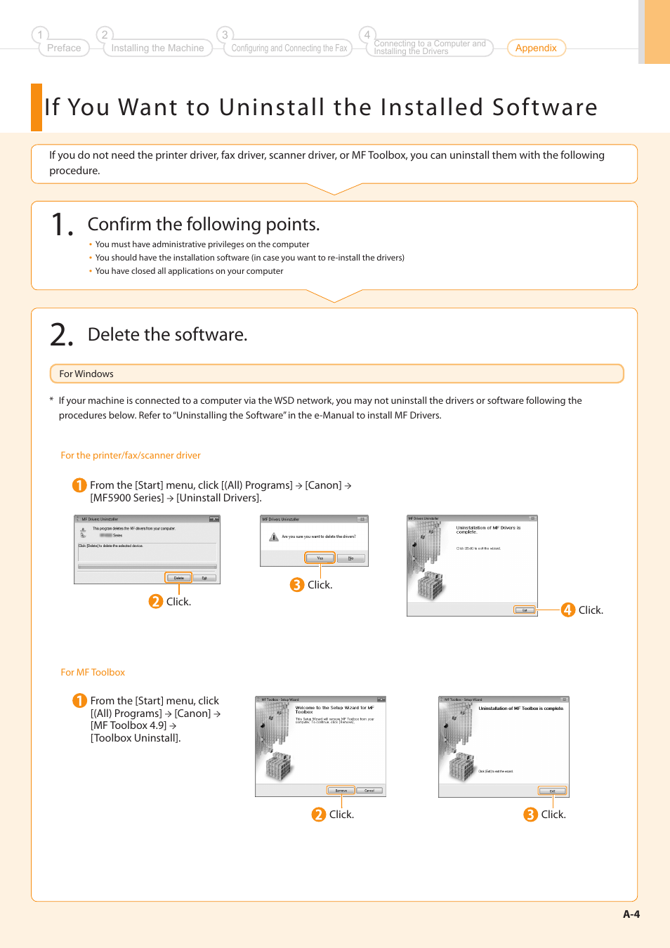 If you want to uninstall the installed software, Confirm the following points, Delete the software | Canon imageCLASS MF5960dn User Manual | Page 33 / 36