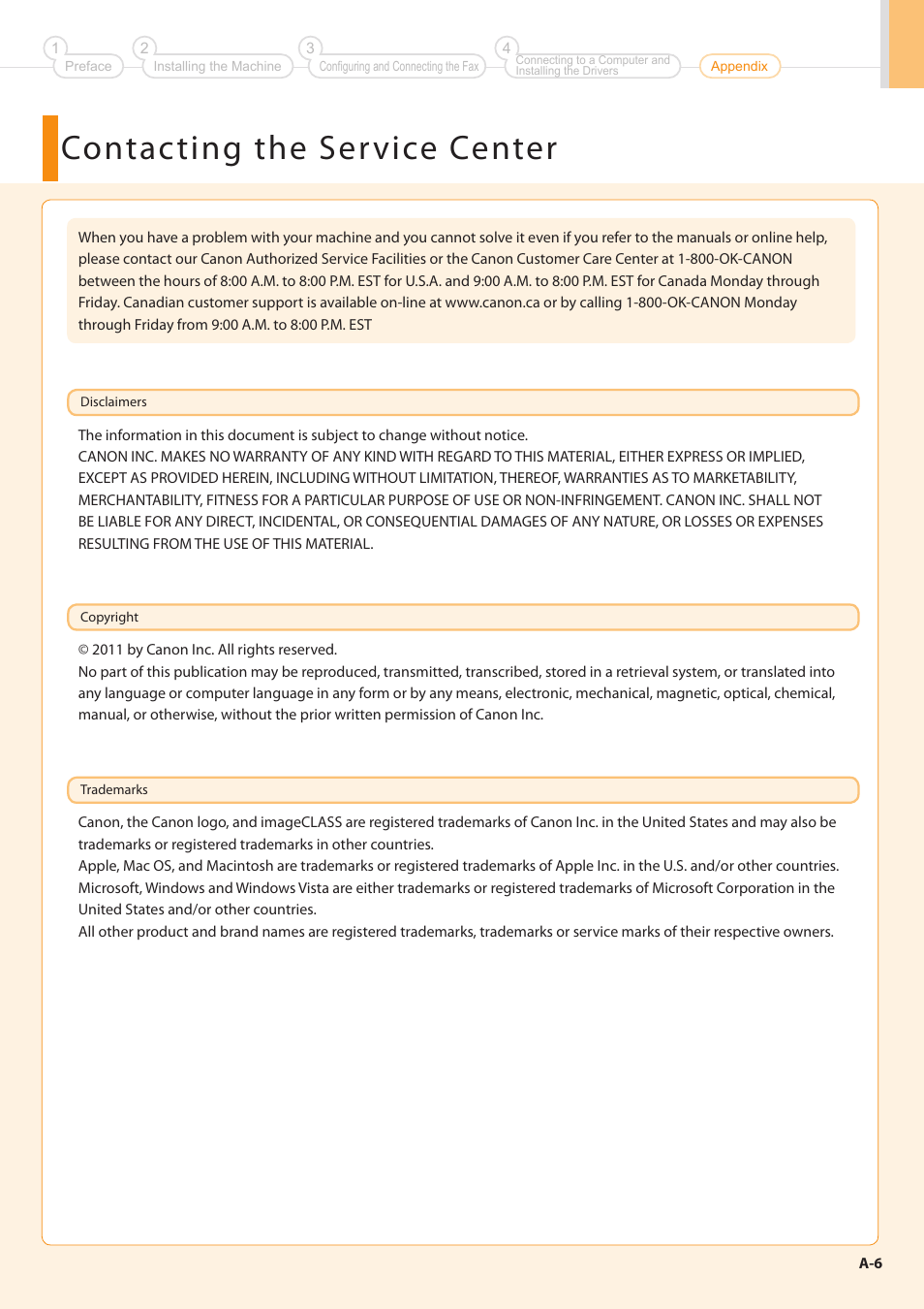 Contacting the service center | Canon imageCLASS MF5960dn User Manual | Page 35 / 36