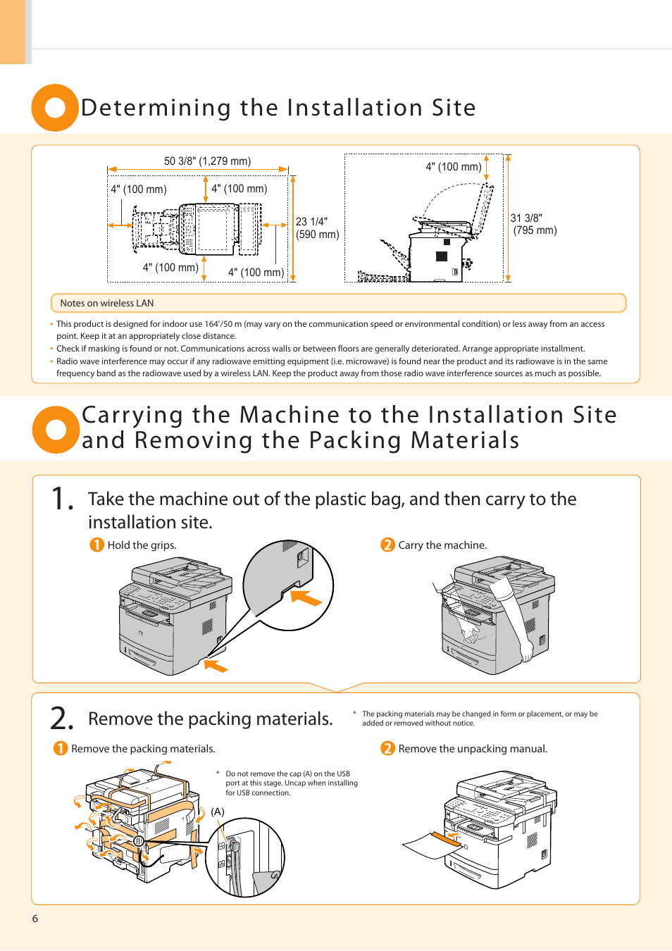 Determining the installation site, Remove the packing materials | Canon imageCLASS MF5960dn User Manual | Page 6 / 36