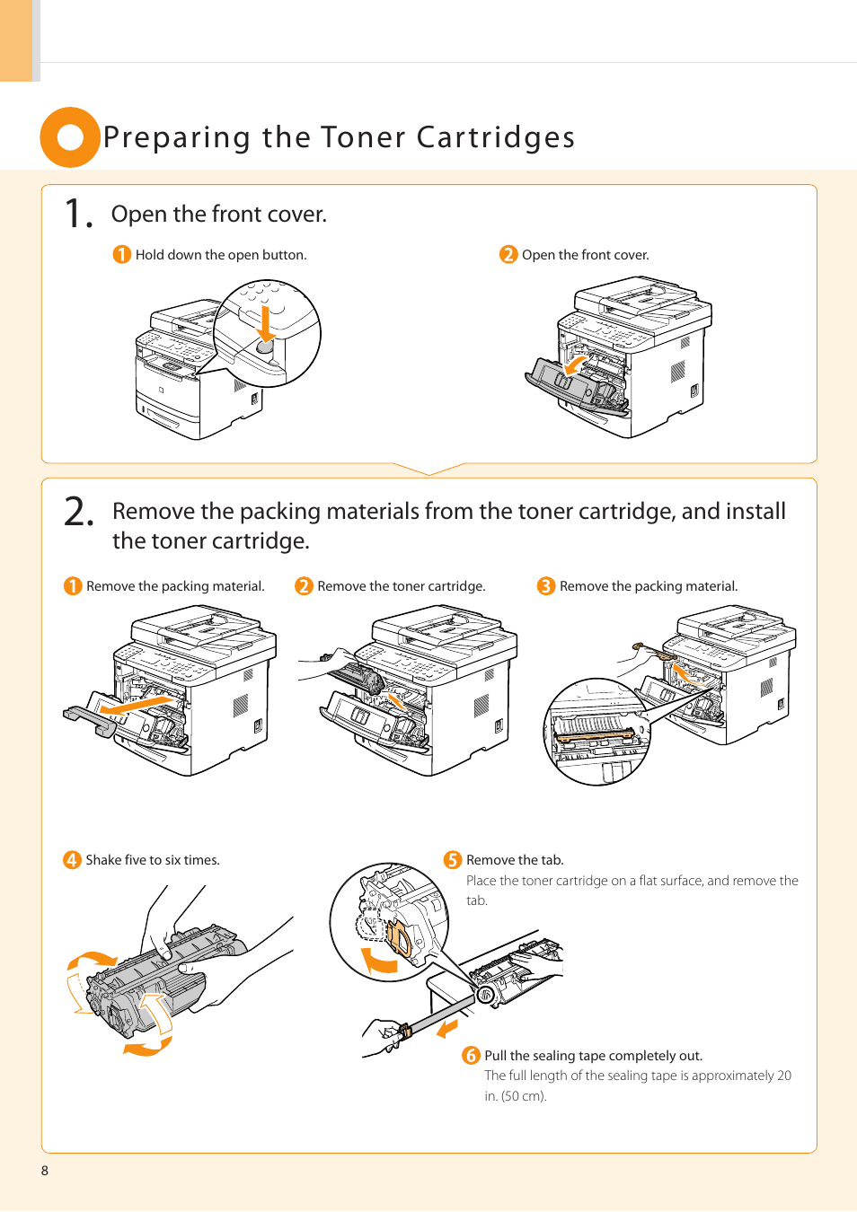 Preparing the toner cartridges | Canon imageCLASS MF5960dn User Manual | Page 8 / 36