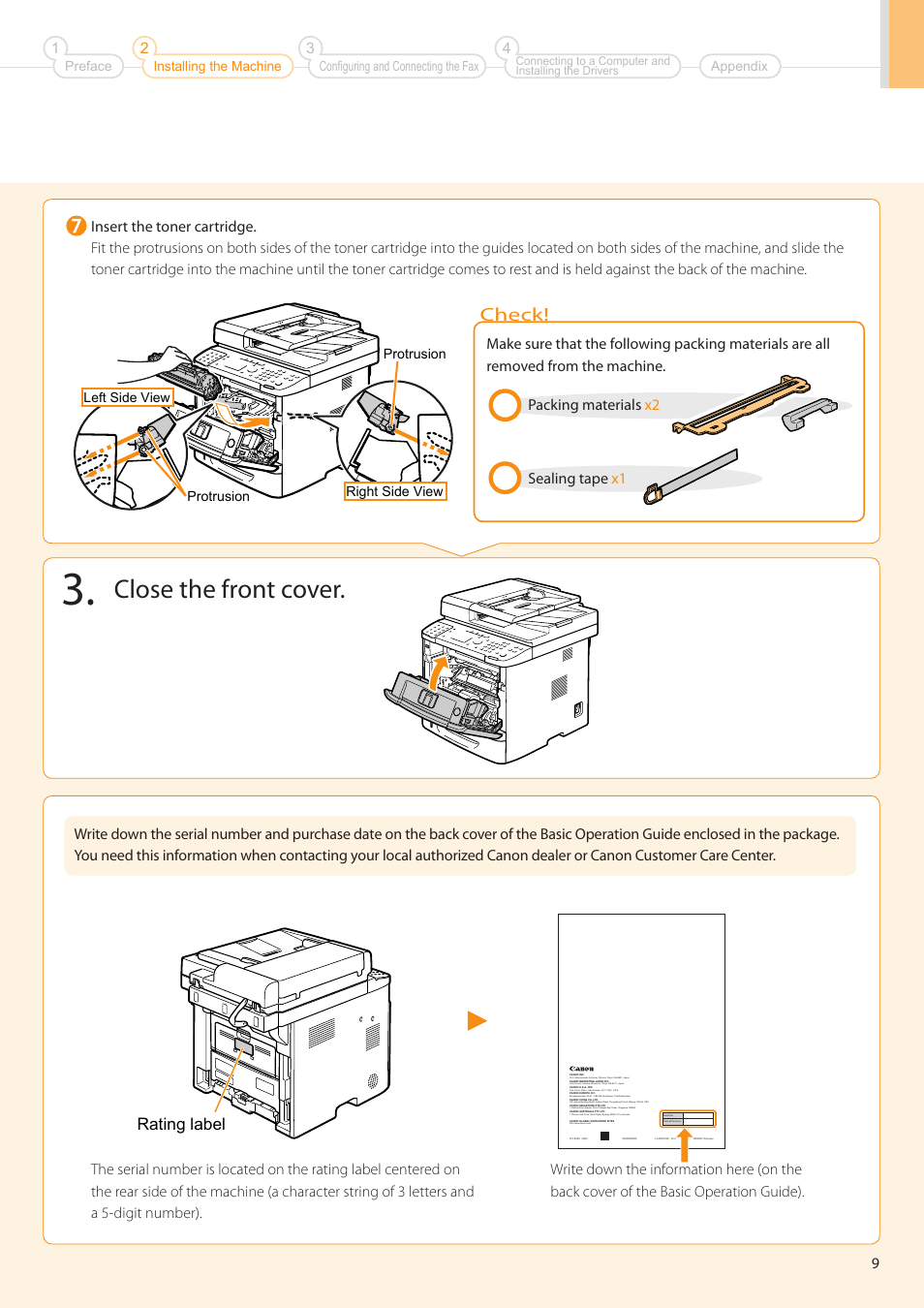 Close the front cover, Check, Rating label | Packing materials x2 sealing tape x1 | Canon imageCLASS MF5960dn User Manual | Page 9 / 36