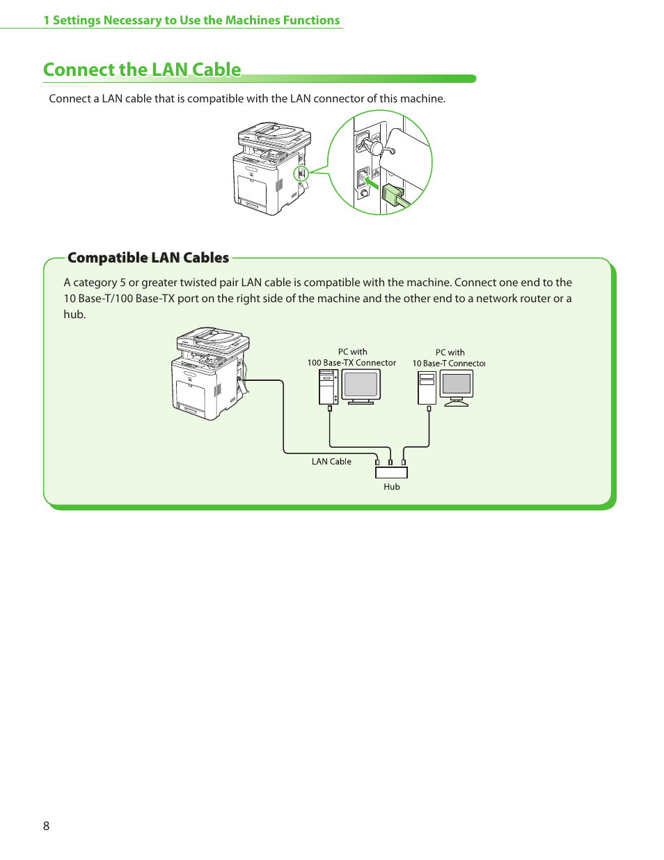 Connect the lan cable, Compatible lan cables, P. 8 | Canon Color imageCLASS MF9220Cdn User Manual | Page 10 / 64