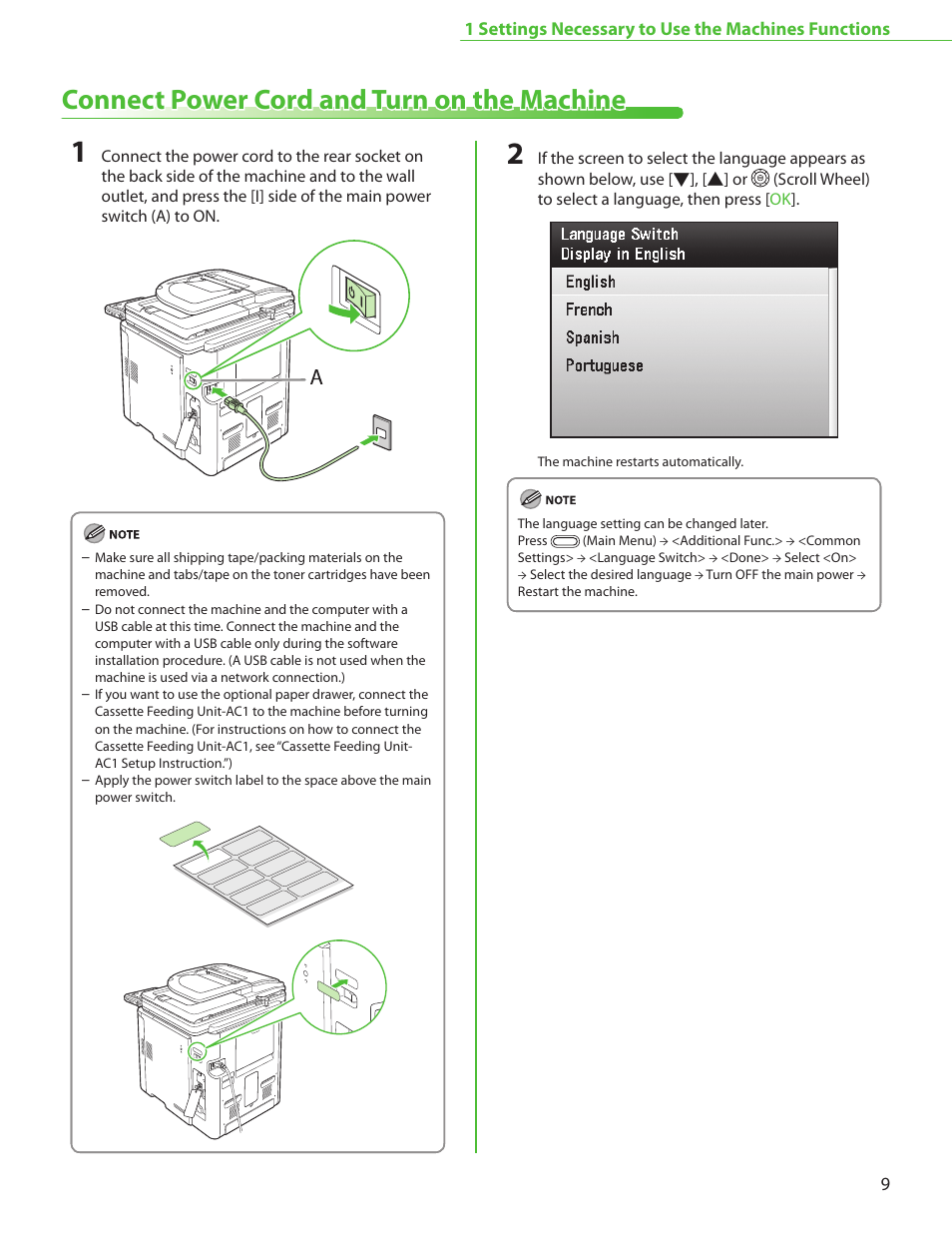 Connect power cord and turn on the machine, P. 9 | Canon Color imageCLASS MF9220Cdn User Manual | Page 11 / 64