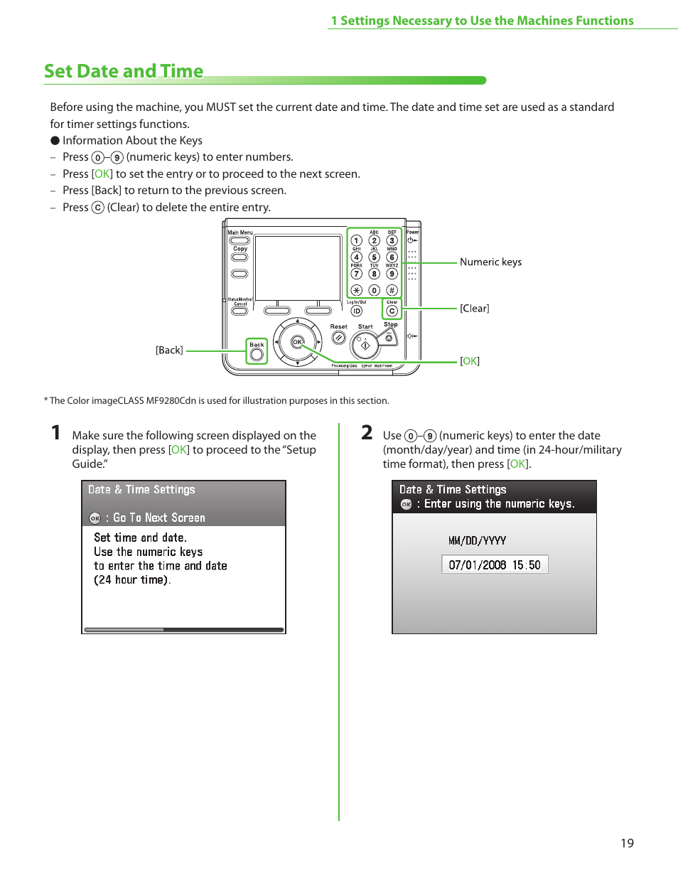 Set date and time, P. 19 | Canon Color imageCLASS MF9220Cdn User Manual | Page 21 / 64