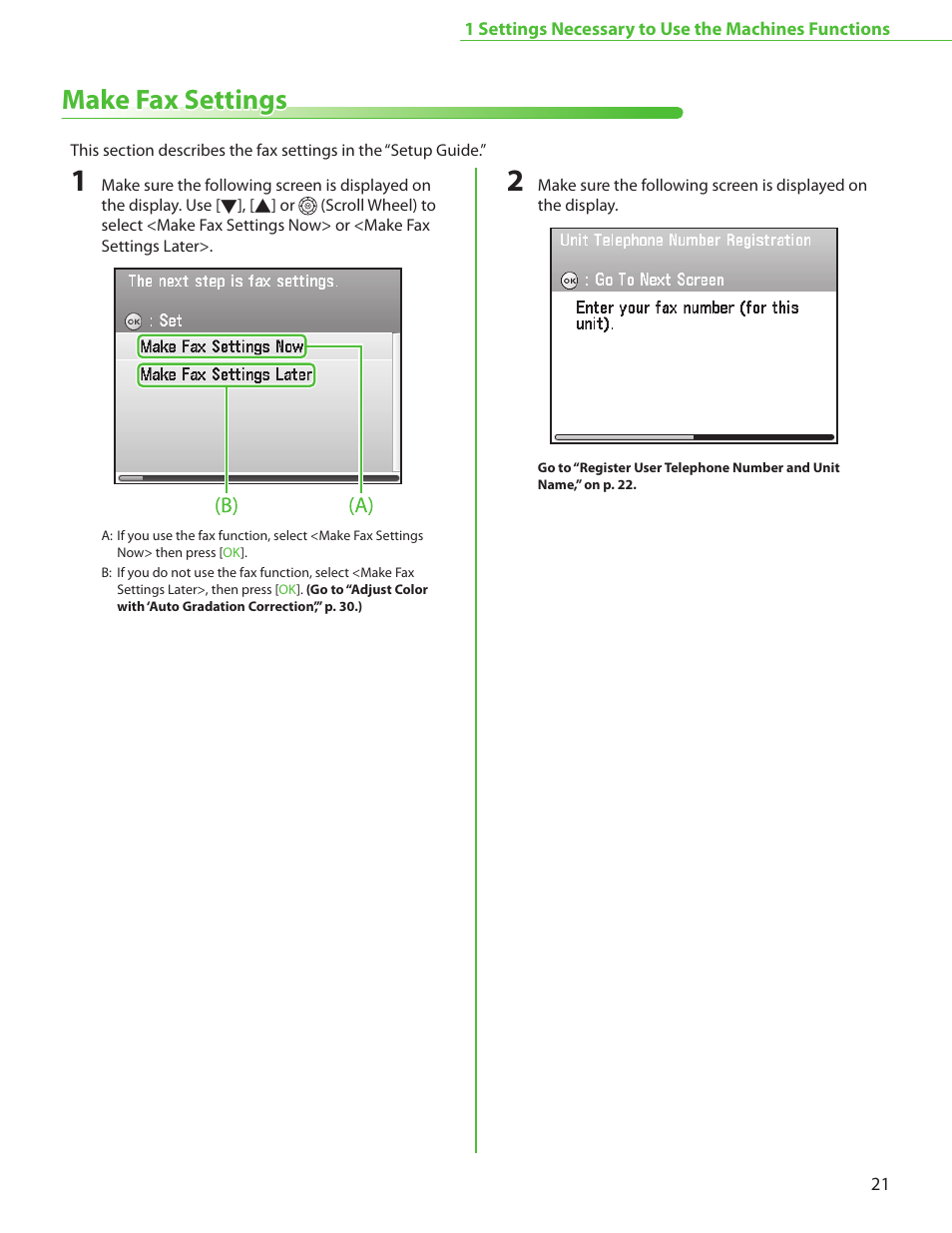 Make fax settings, Make fax settings,” p. 21 | Canon Color imageCLASS MF9220Cdn User Manual | Page 23 / 64