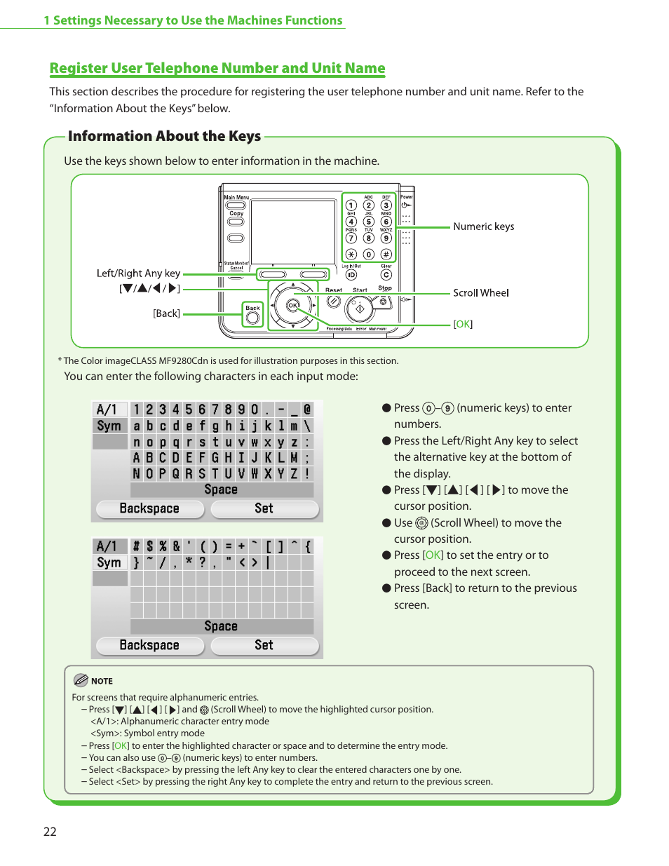 Register user telephone number and unit name, Information about the keys, P. 22 | Register user telephone number and unit, Name,” on p. 22 | Canon Color imageCLASS MF9220Cdn User Manual | Page 24 / 64