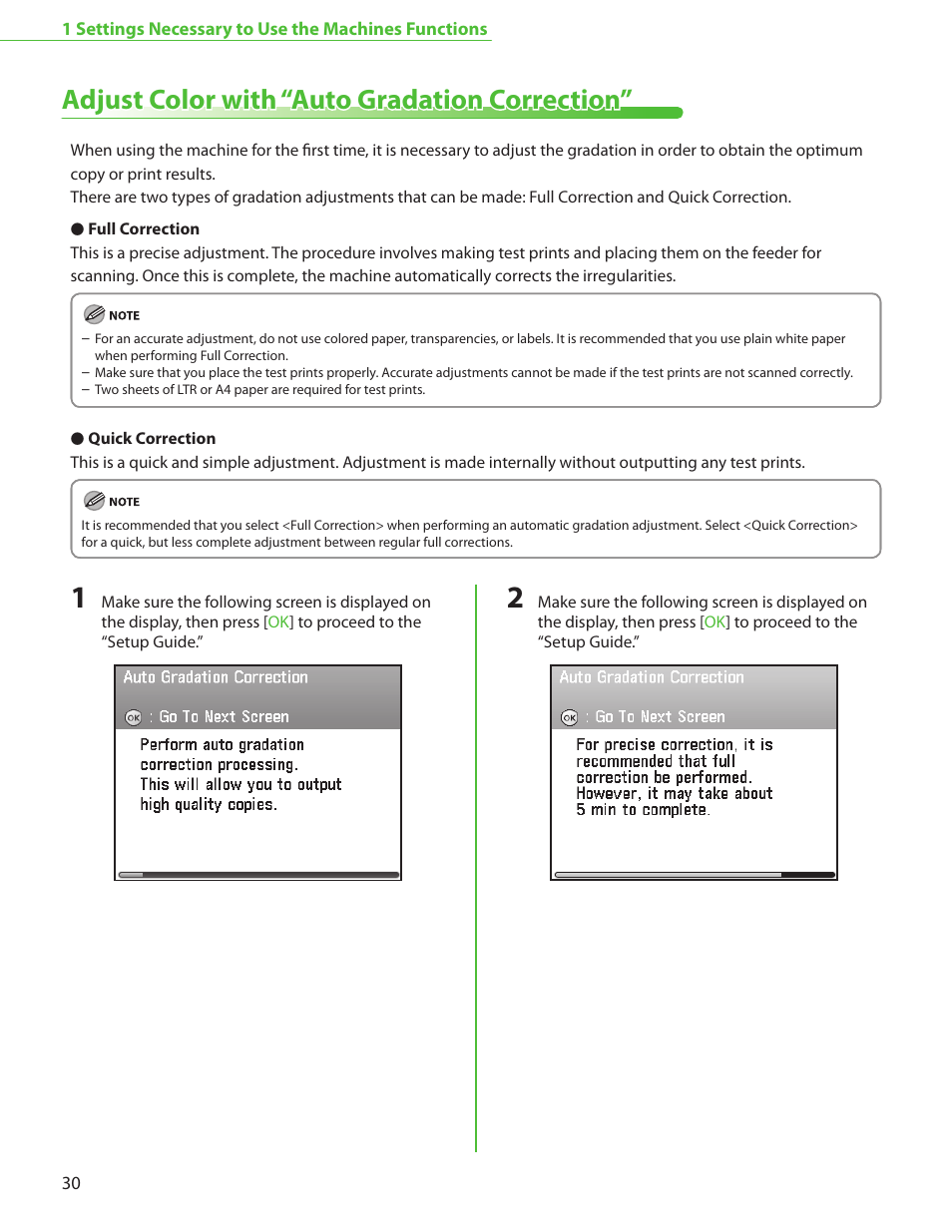 Adjust color with “auto gradation correction, P. 30, Adjust color with ‘auto gradation | Correction’,” p. 30, Adjust color, With ‘auto gradation correction’,” p. 30 | Canon Color imageCLASS MF9220Cdn User Manual | Page 32 / 64