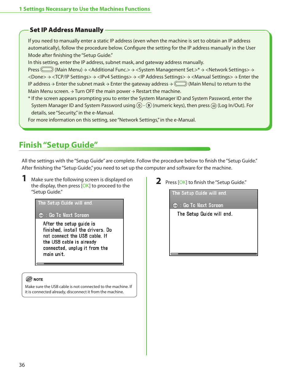 Set ip address manually, Finish “setup guide, P. 36 | Canon Color imageCLASS MF9220Cdn User Manual | Page 38 / 64