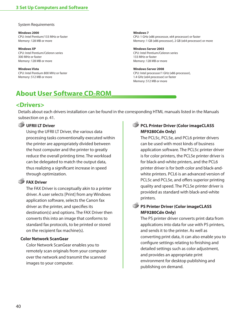 About user software cd-rom, Drivers | Canon Color imageCLASS MF9220Cdn User Manual | Page 42 / 64