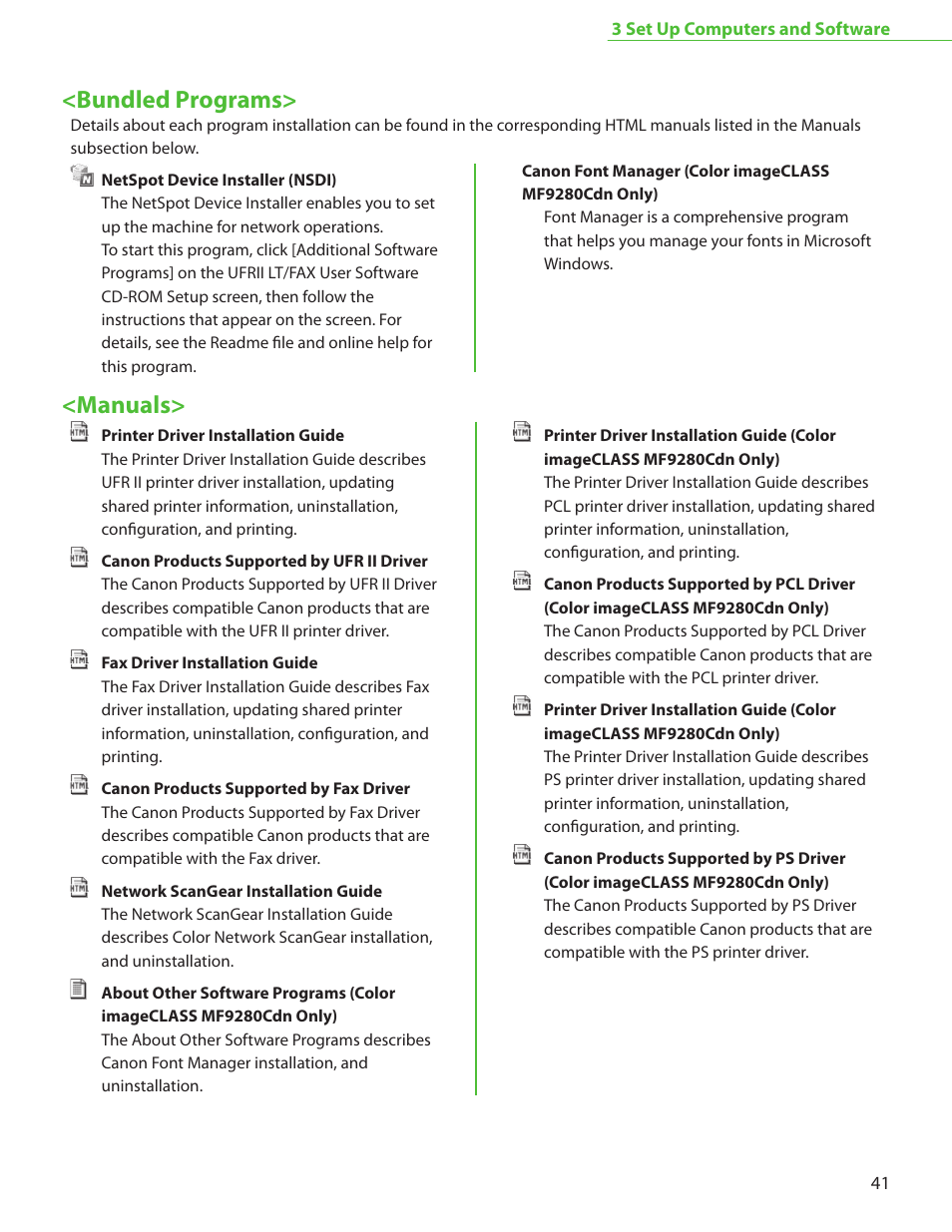 Manuals, Bundled programs | Canon Color imageCLASS MF9220Cdn User Manual | Page 43 / 64