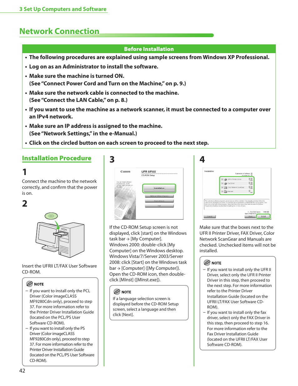 Network connection, Installation procedure, P. 42 | Canon Color imageCLASS MF9220Cdn User Manual | Page 44 / 64