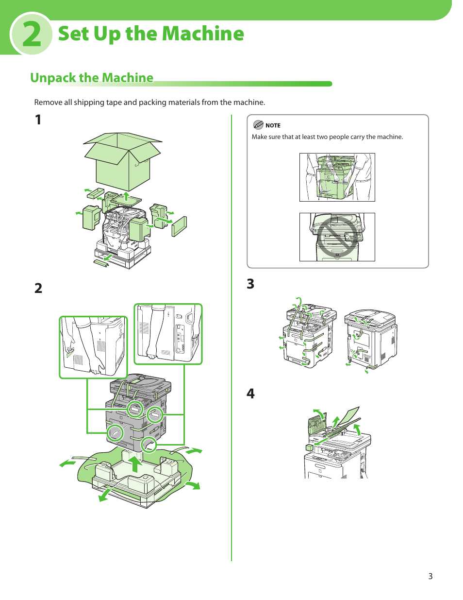 2 set up the machine, Unpack the machine, P. 3 | Set up the machine | Canon Color imageCLASS MF9220Cdn User Manual | Page 5 / 64