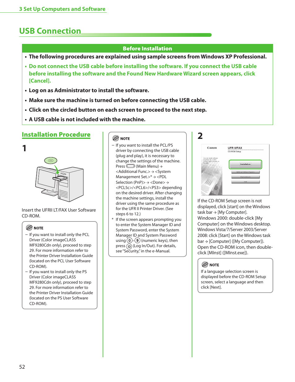 Usb connection, Installation procedure, P. 52 | Canon Color imageCLASS MF9220Cdn User Manual | Page 54 / 64