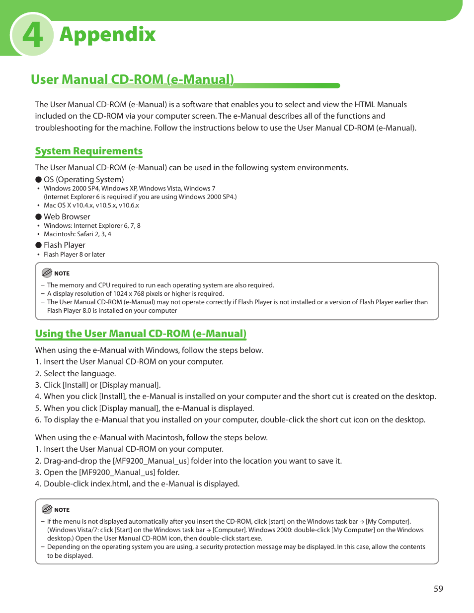 4 appendix, User manual cd-rom (e-manual), System requirements | Using the user manual cd-rom (e-manual), Appendix | Canon Color imageCLASS MF9220Cdn User Manual | Page 61 / 64