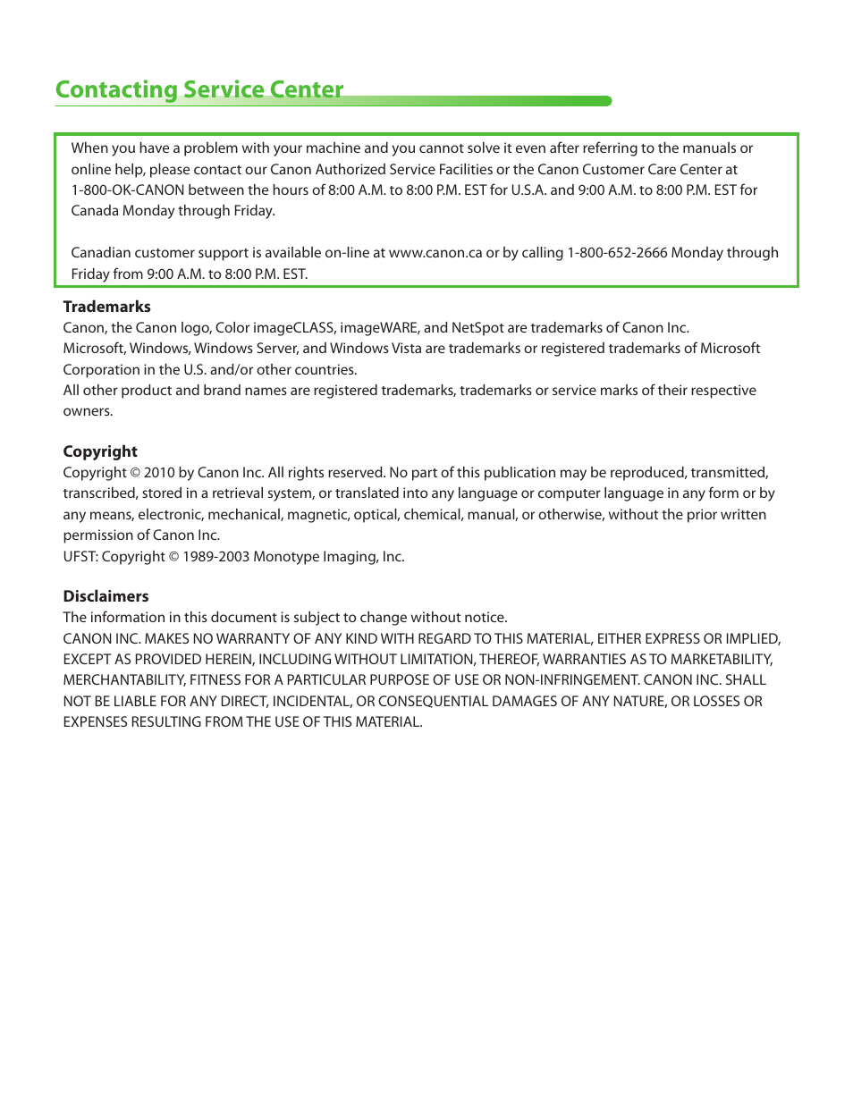 Contacting service center | Canon Color imageCLASS MF9220Cdn User Manual | Page 63 / 64