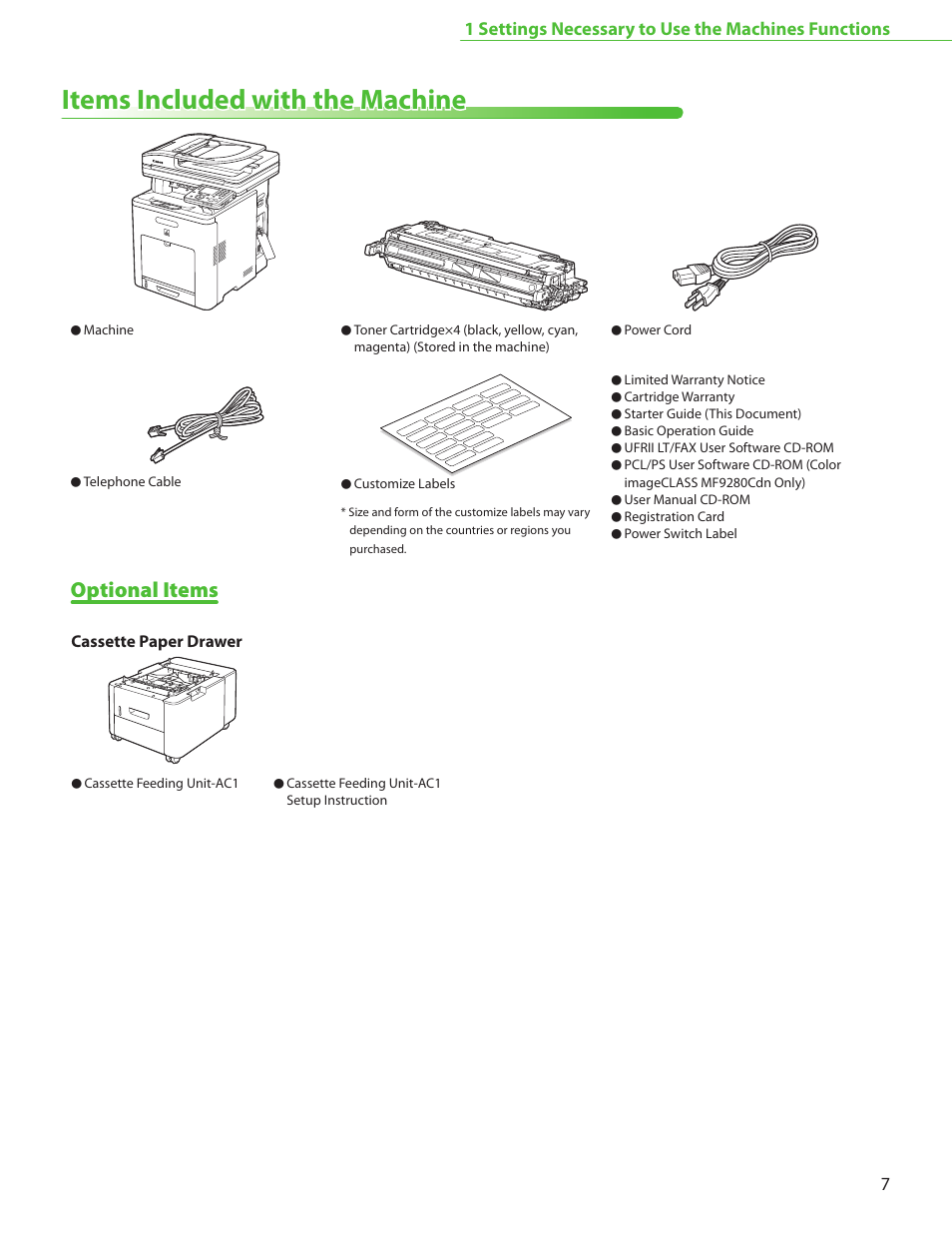 Items included with the machine, Optional items | Canon Color imageCLASS MF9220Cdn User Manual | Page 9 / 64