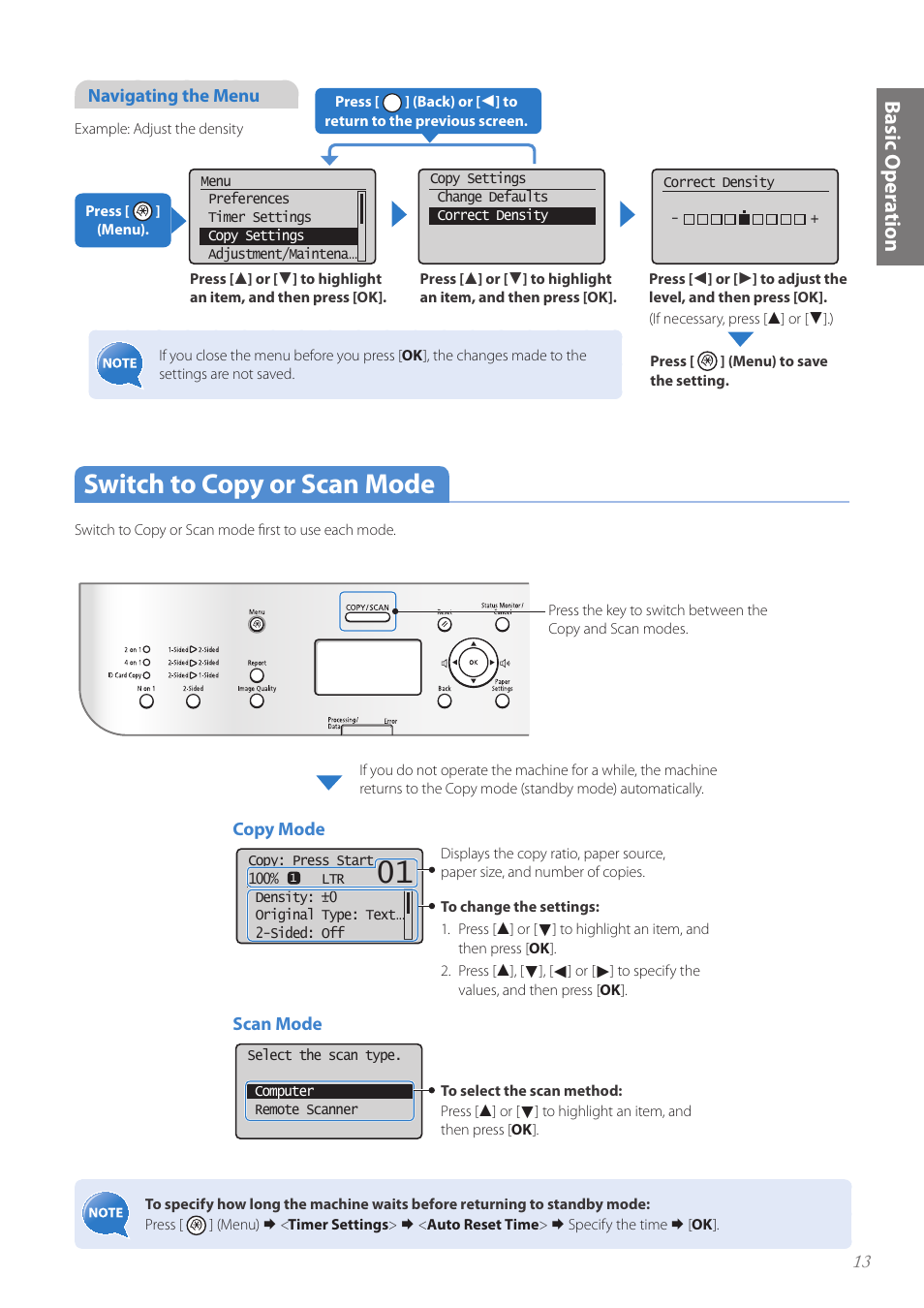 Switch to copy or scan mode, Switch to copy or scan mode………………………………………… 13, P.13 | Basic oper a tion | Canon imageCLASS D530 User Manual | Page 13 / 76