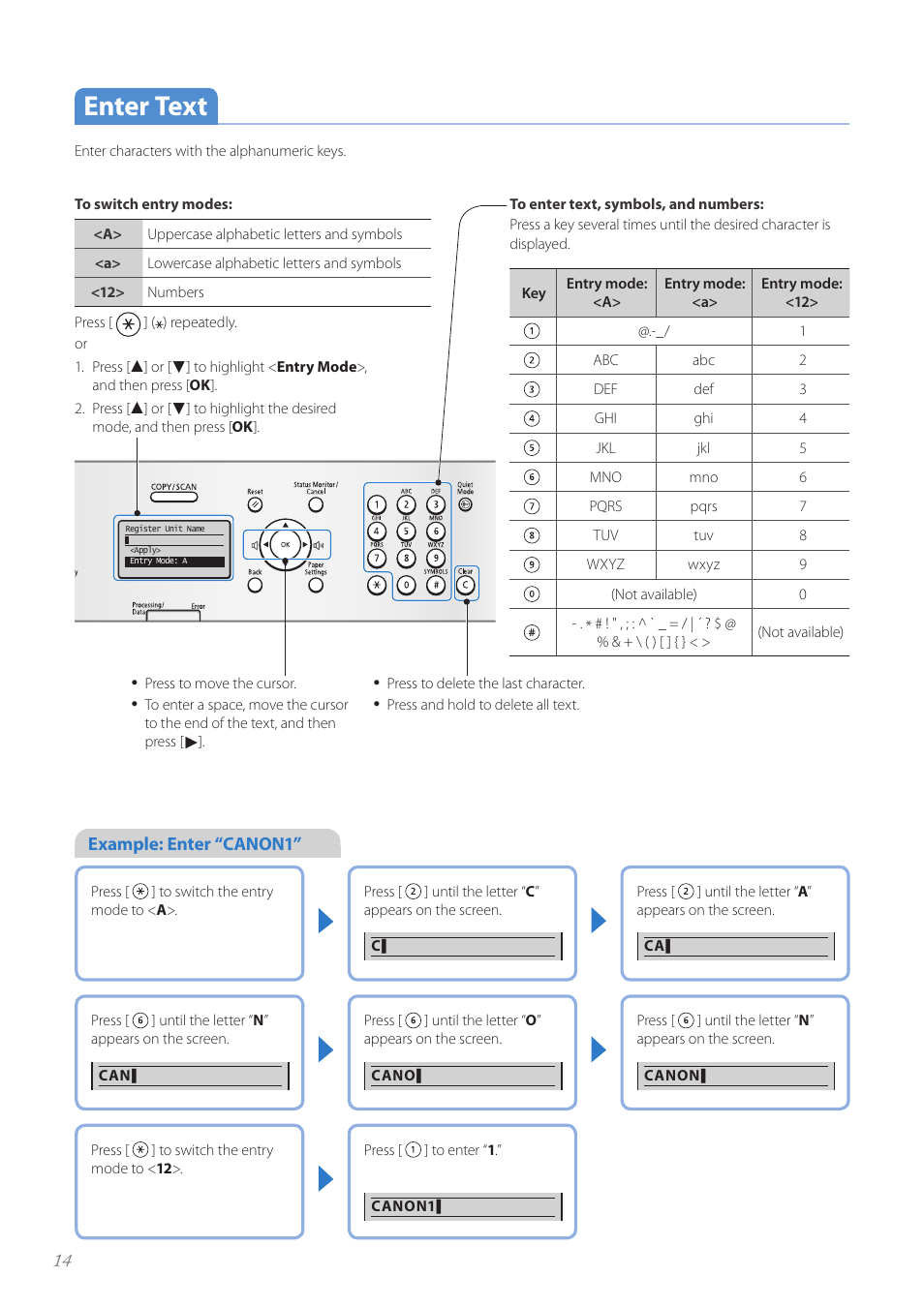 Enter text, Enter text …………………………………………………………… 14 | Canon imageCLASS D530 User Manual | Page 14 / 76