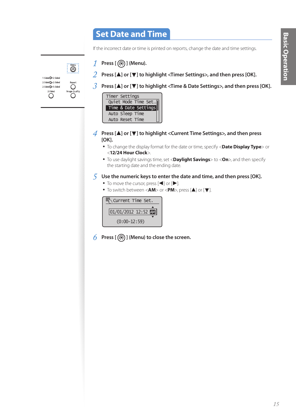 Set date and time, Set date and time …………………………………………………… 15, Basic oper a tion | Canon imageCLASS D530 User Manual | Page 15 / 76