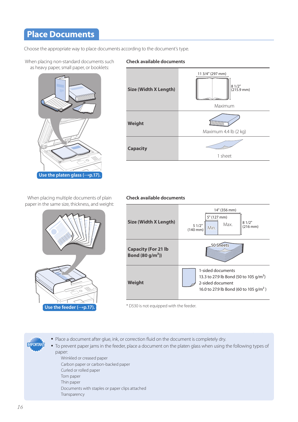 Place documents, Place documents …………………………………………………… 16 | Canon imageCLASS D530 User Manual | Page 16 / 76