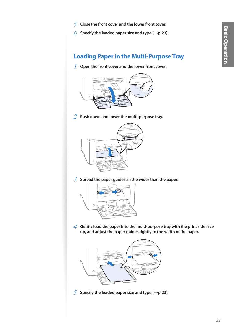 Loading paper in the multi-purpose tray | Canon imageCLASS D530 User Manual | Page 21 / 76