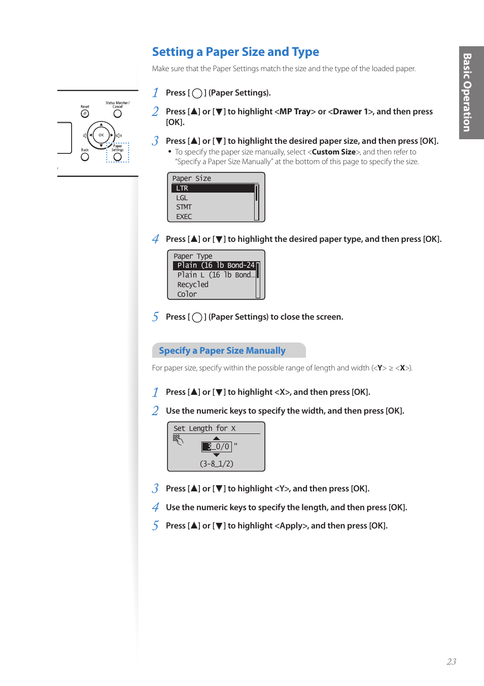 Setting a paper size and type, Setting a paper size and type ……………………………………… 23, Basic oper a tion | Canon imageCLASS D530 User Manual | Page 23 / 76