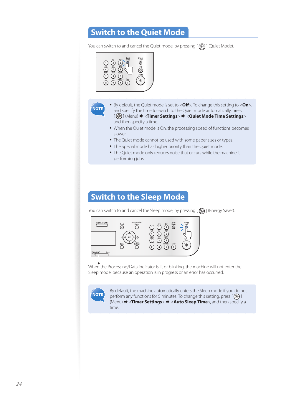 Switch to the quiet mode, Switch to the sleep mode | Canon imageCLASS D530 User Manual | Page 24 / 76