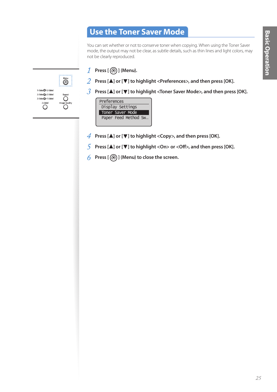 Use the toner saver mode, Use the toner saver mode …………………………………………… 25 | Canon imageCLASS D530 User Manual | Page 25 / 76