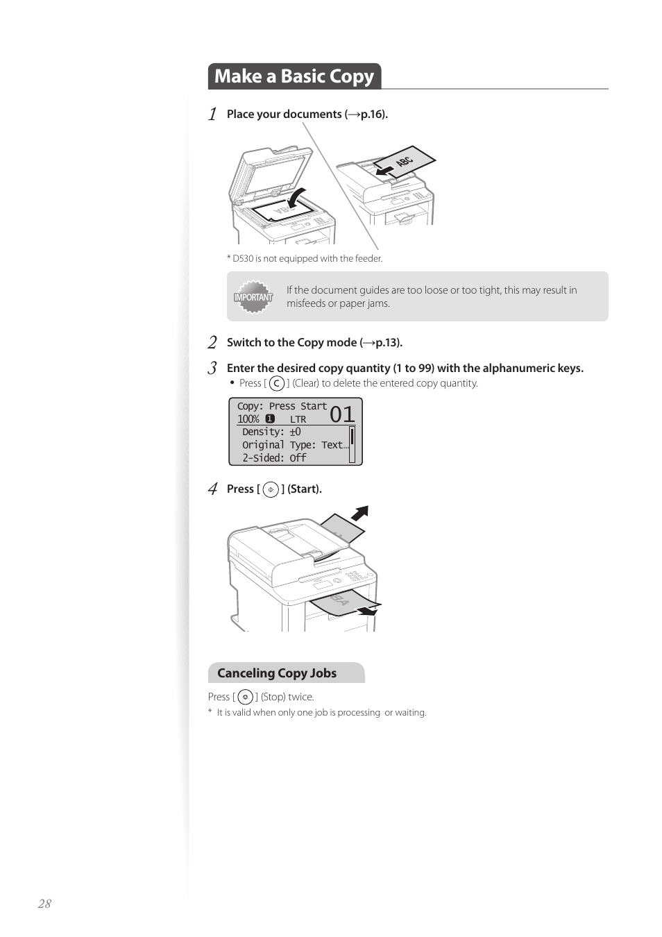 Make a basic copy, Make a basic copy …………………………………………………… 28, Make a basic copy 1 | Canon imageCLASS D530 User Manual | Page 28 / 76