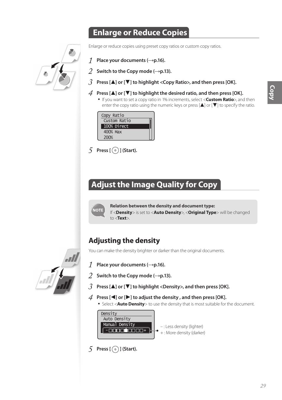 Enlarge or reduce copies, Adjust the image quality for copy, Adjusting the density | Adjusting the density ……………………………………………… 29 | Canon imageCLASS D530 User Manual | Page 29 / 76