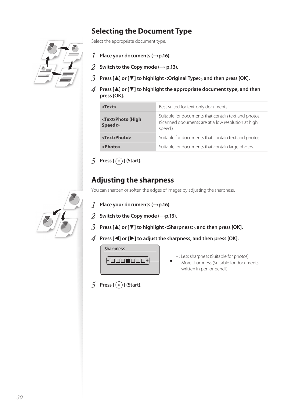 Selecting the document type, Adjusting the sharpness | Canon imageCLASS D530 User Manual | Page 30 / 76