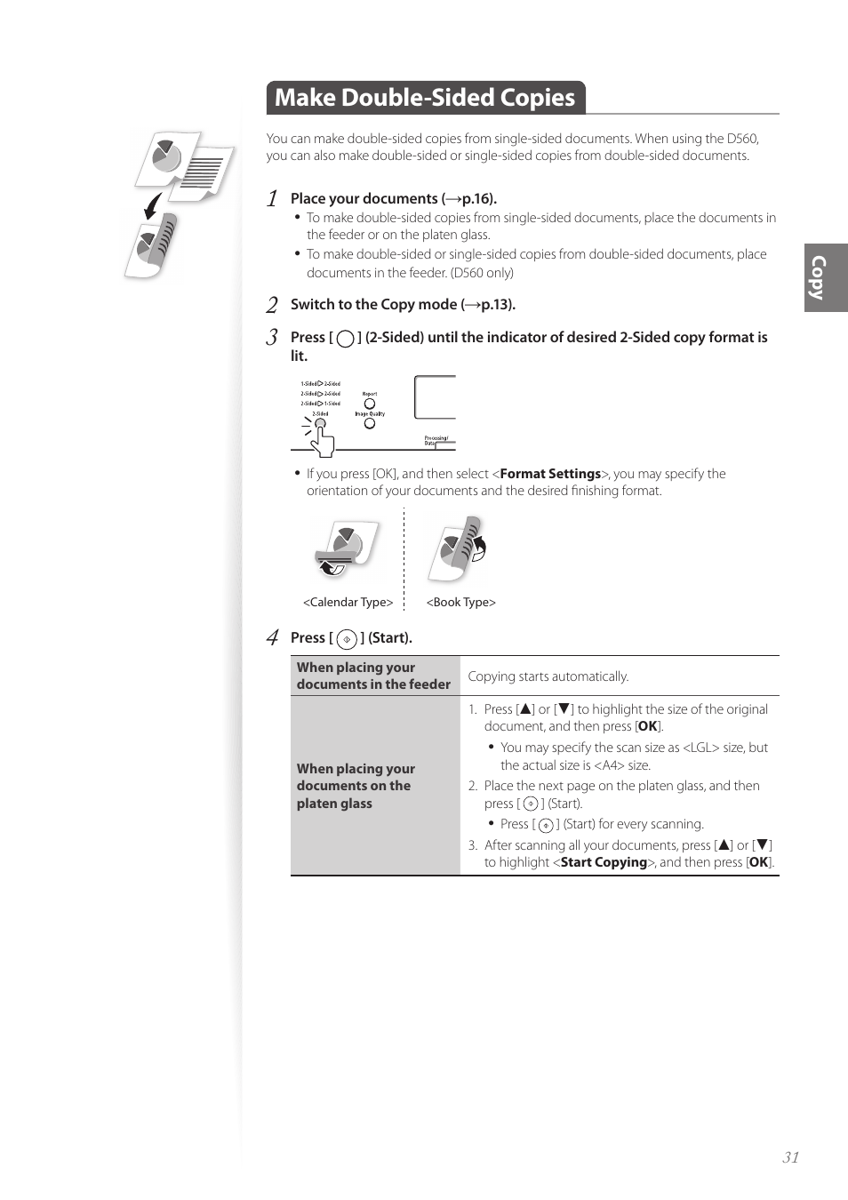 Make double-sided copies, Make double-sided copies ………………………………………… 31, Co py | Canon imageCLASS D530 User Manual | Page 31 / 76