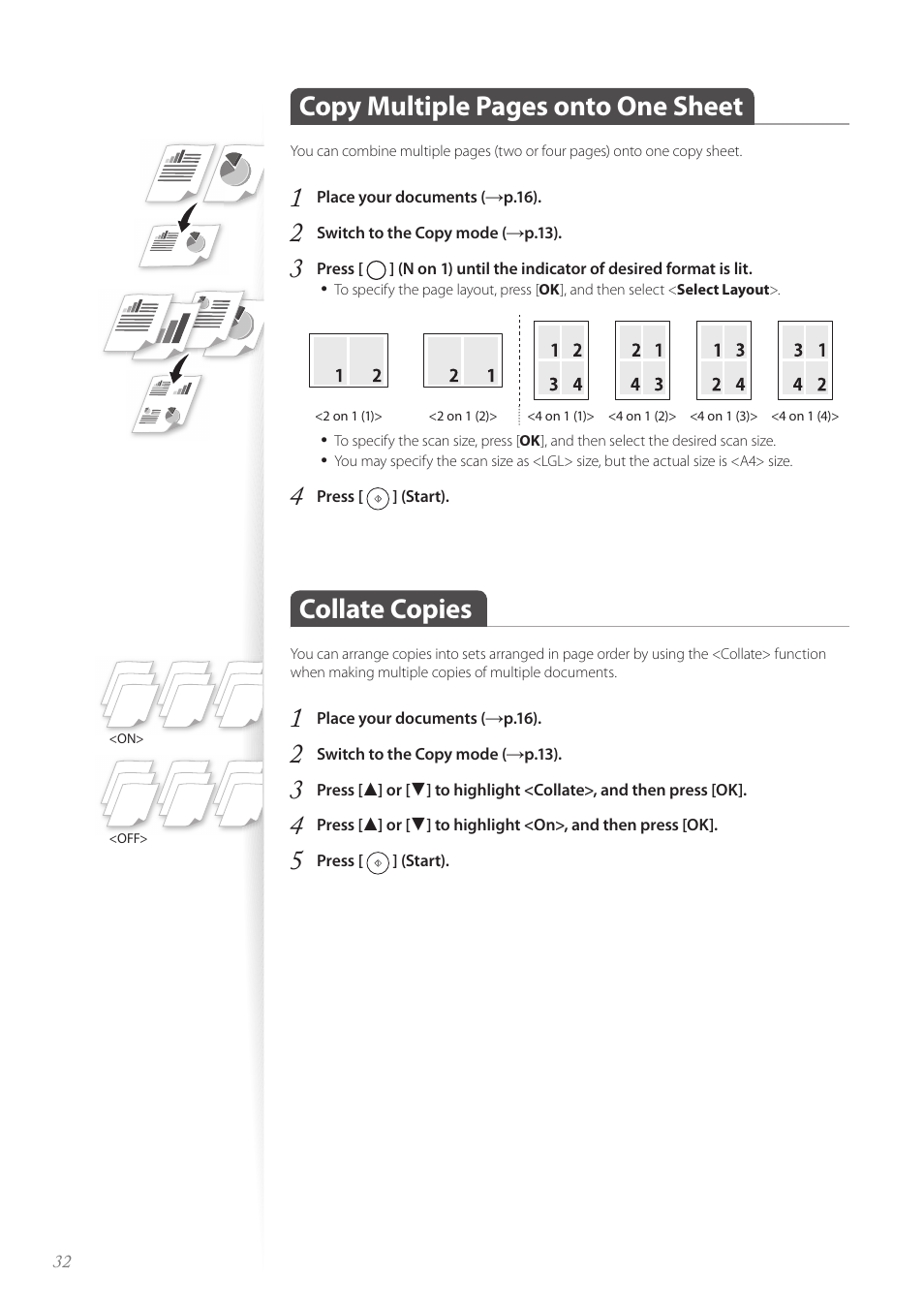 Collate copies, Copy multiple pages onto one sheet | Canon imageCLASS D530 User Manual | Page 32 / 76